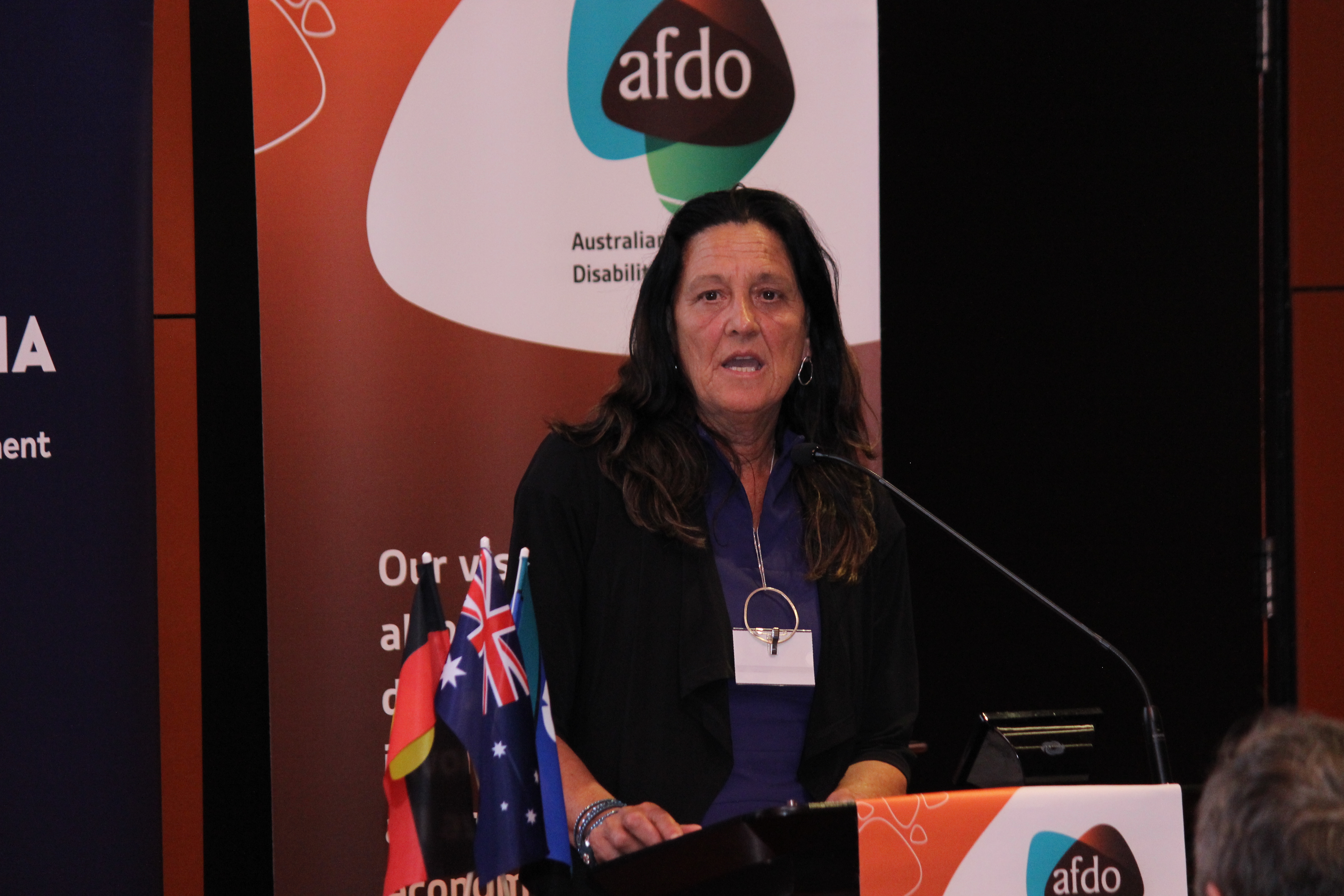 Christine Couzens MP standing at lectern, making a speech with AFDO banner in the background
