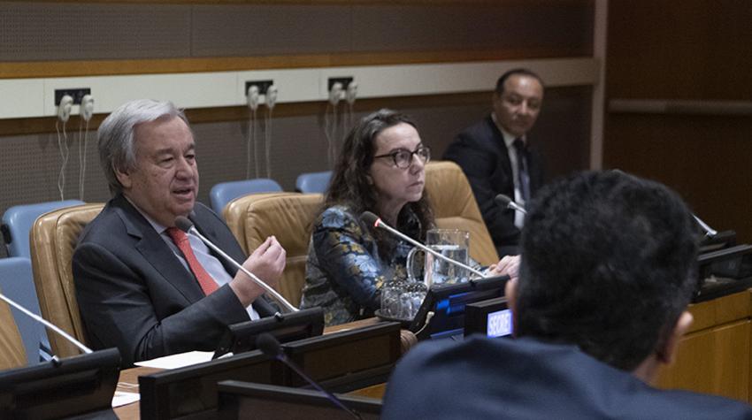 Secretary-General António Guterres (left) delivers his remarks at the meeting of principals on the United Nations Disability Inclusion Strategy.