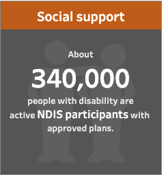 Social Support. About 340,000 people with disability are active NDIS participants with approved plans.